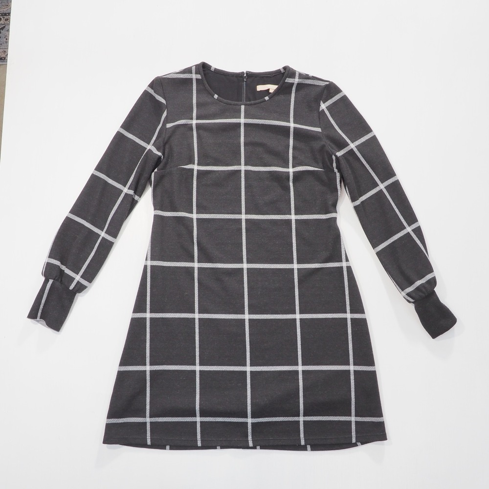 Hutch Shift Dress Womens Large Charcoal Gray White Windowpane Check Long Sleeve